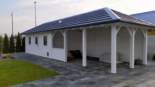 Kerti pavilon szerszámtárolóval és fatárolóval – 12,5 x 3,5 m