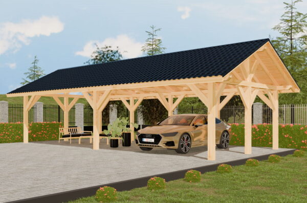 10x5 m-es fa kocsibeálló, masszív, nyeregtető, standard változat