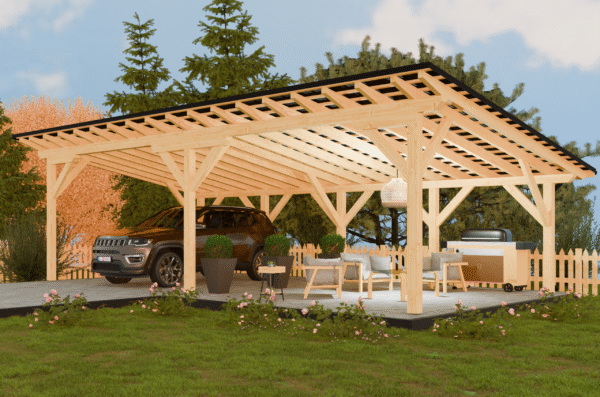 10x5 m-es féltetős kocsibeálló – modern és funkcionális szerkezet KVH C24 fából