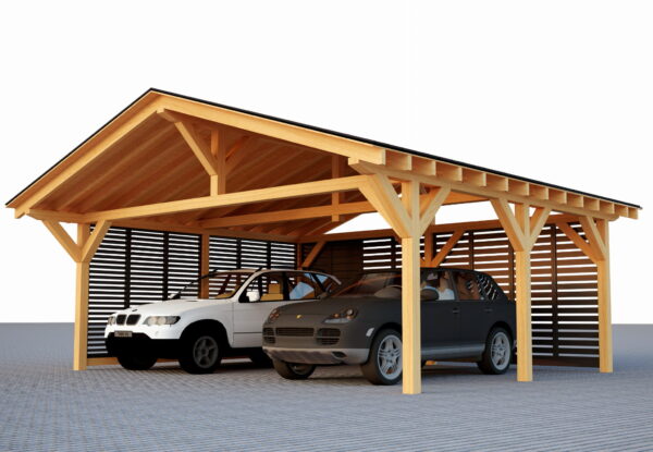 5x6,5 m-es nyeregtetős kocsibeálló oldalfalakkal – modern, funkcionális és masszív szerkezet KVH C24 fából