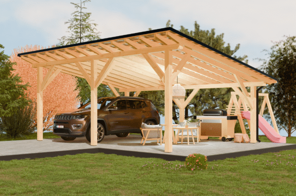 7x5 m-es féltetős fa kocsibeálló – modern és funkcionális szerkezet