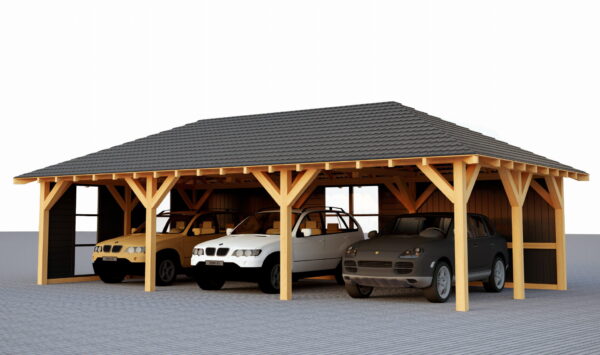 10x5 m-es fa kocsibeálló kontyolt tetővel és oldalfalakkal – modern, masszív és tágas szerkezet KVH C24 fából