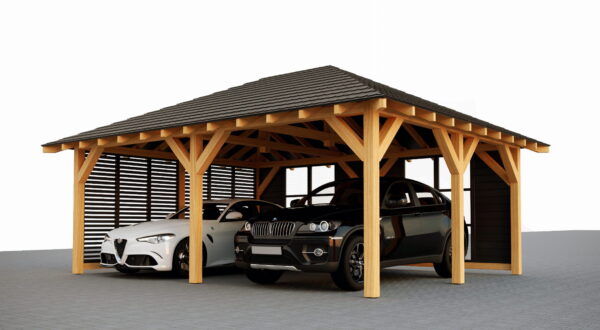 6,5×5 m-es fa kocsibeálló kontyolt tetővel és oldalfalakkal – masszív, funkcionális és elegáns szerkezet KVH C24 fából