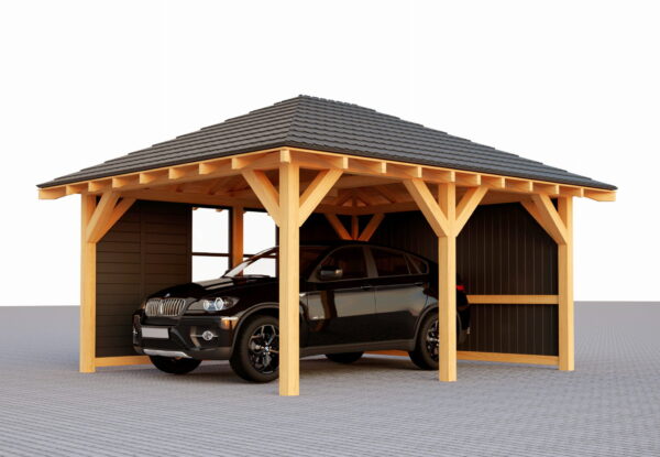 4x5 m-es fa kocsibeálló kontyolt tetővel és oldalfalakkal – a funkcionalitás és az elegancia ötvözete